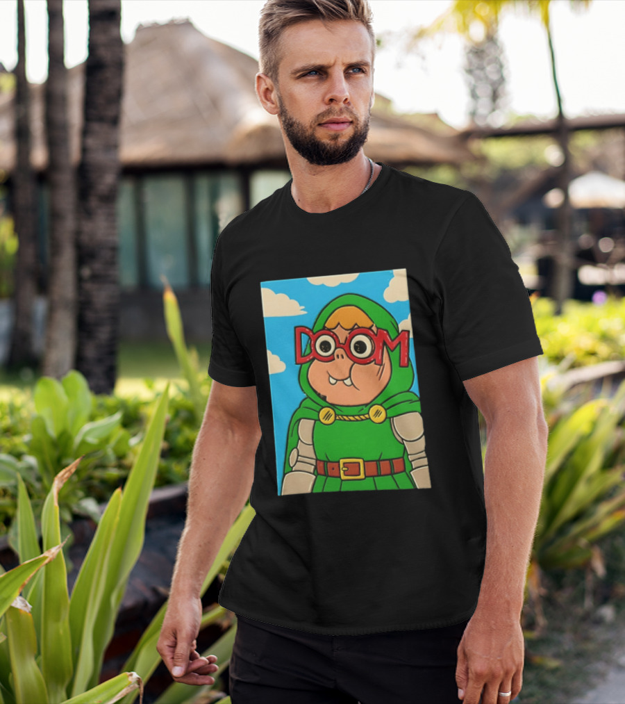 Clarence Doctor Doom Cartoon Crossover DOOM Glasses Green Hood Clouds T-Shirt