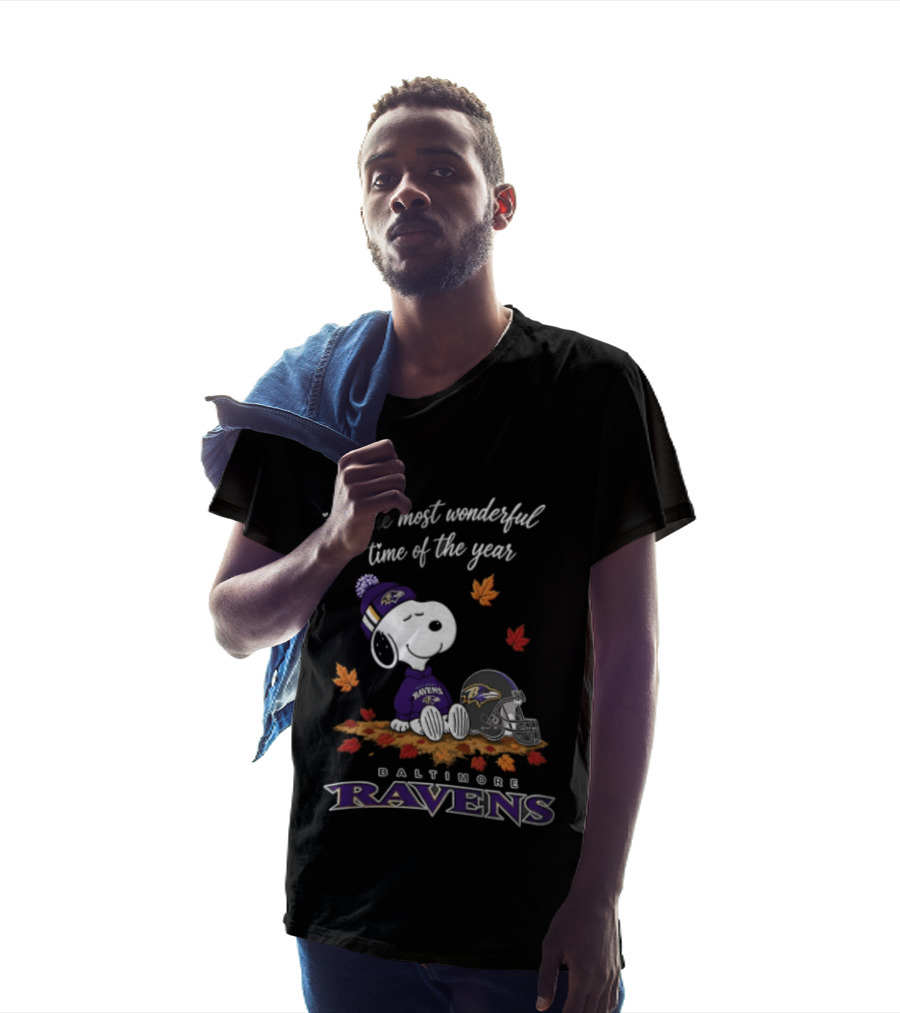 It's The Most Wonderful Time Of The Year Snoopy Baltimore Ravens Beagle Beanie Helmet Autumn Leaves T-Shirt