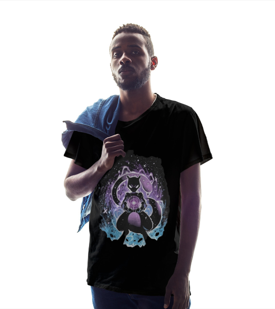 Mewtwo Cosmic Purple Energy Sphere Galaxy Stars Blue Flames T-Shirt