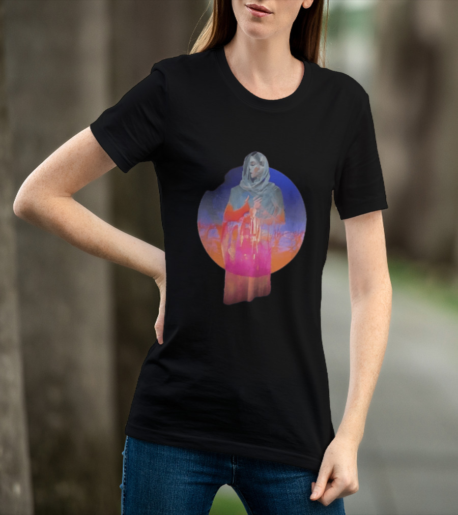 Veiled Hooded Cloak Double Exposure Bare Trees Glowing Sunset Globe T-Shirt