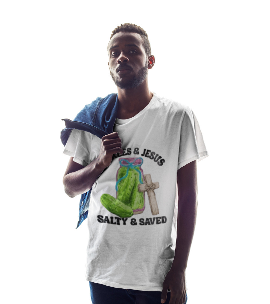 Pickles And Jesus Salty Saved Watercolor Mason Jar Wooden Cross T-Shirt