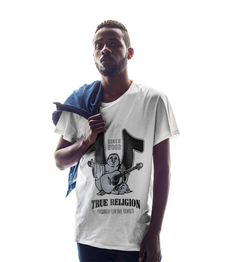 True Religion Since 2002 Laughing Buddha Playing Acoustic Guitar Horseshoe Fashion For The Senses T-Shirt