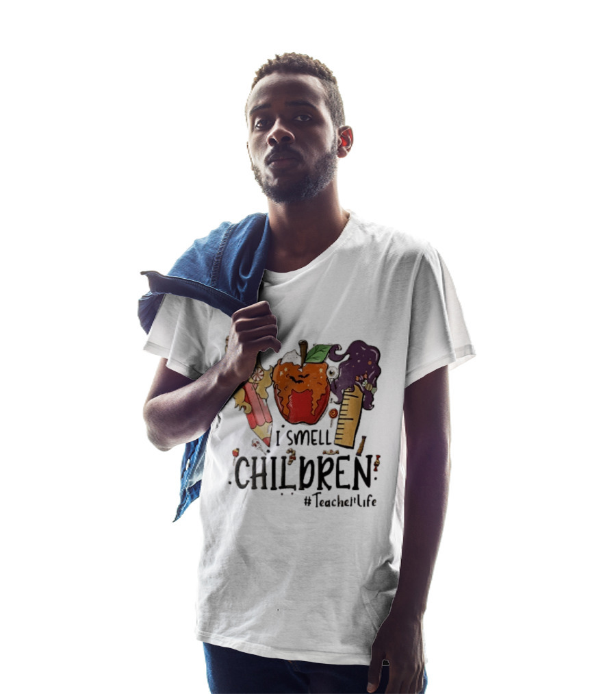 I Smell Children Teacherlife Sanderson Sisters Halloween Pencil Apple Ruler Cartoon T-Shirt