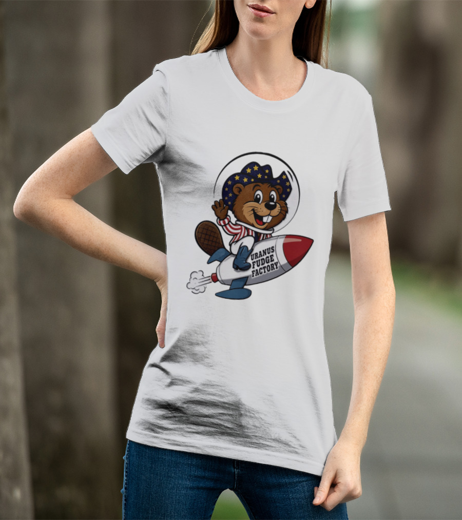 Uranus Fudge Factory Patriotic Beaver Riding Rocket T-Shirt