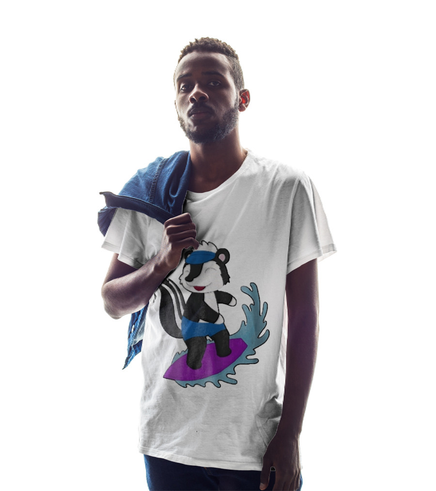Skunk Surfing Cartoon On Purple Surfboard With Blue Waves And Summer Vibes T-Shirt