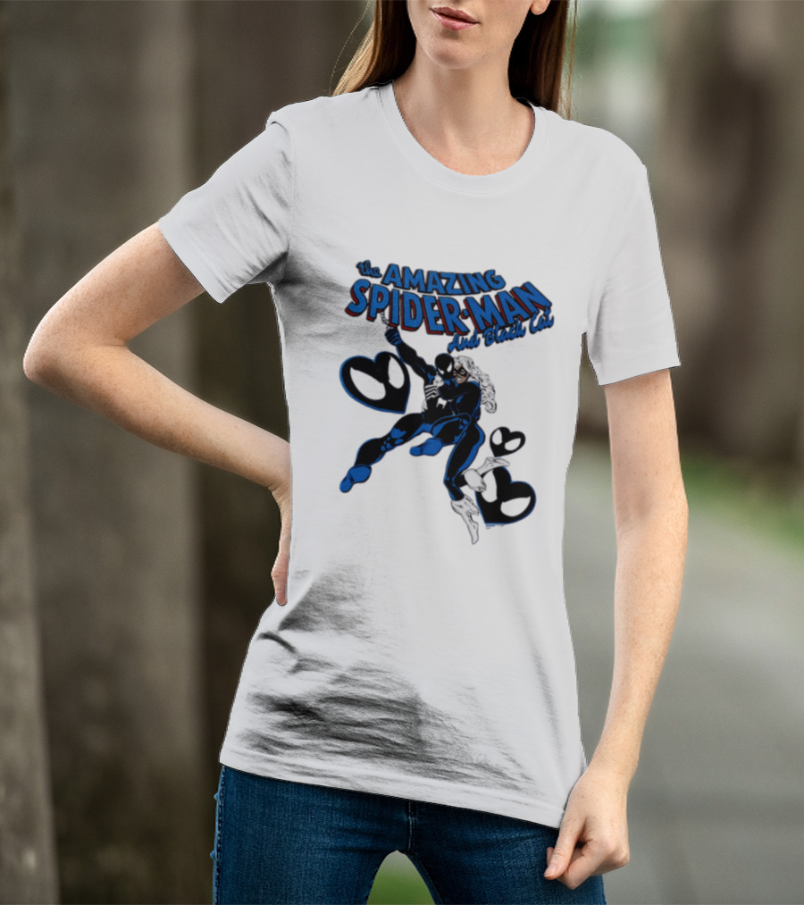 The Amazing Spider Man Hugs Black Cat With Hearts T-Shirt