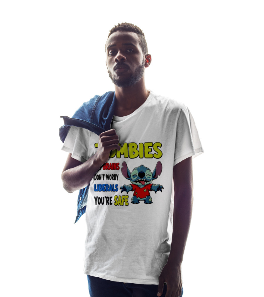 Zombies Eat Brains Don't Worry Liberals You're Safe Stitch Cartoon Creature Stitched Red T-Shirt
