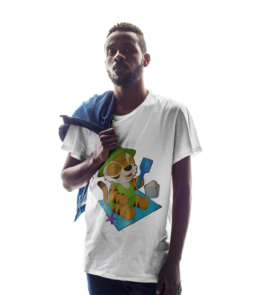 Playful Tiger Beach Sand Adventure Summer Scene T-Shirt