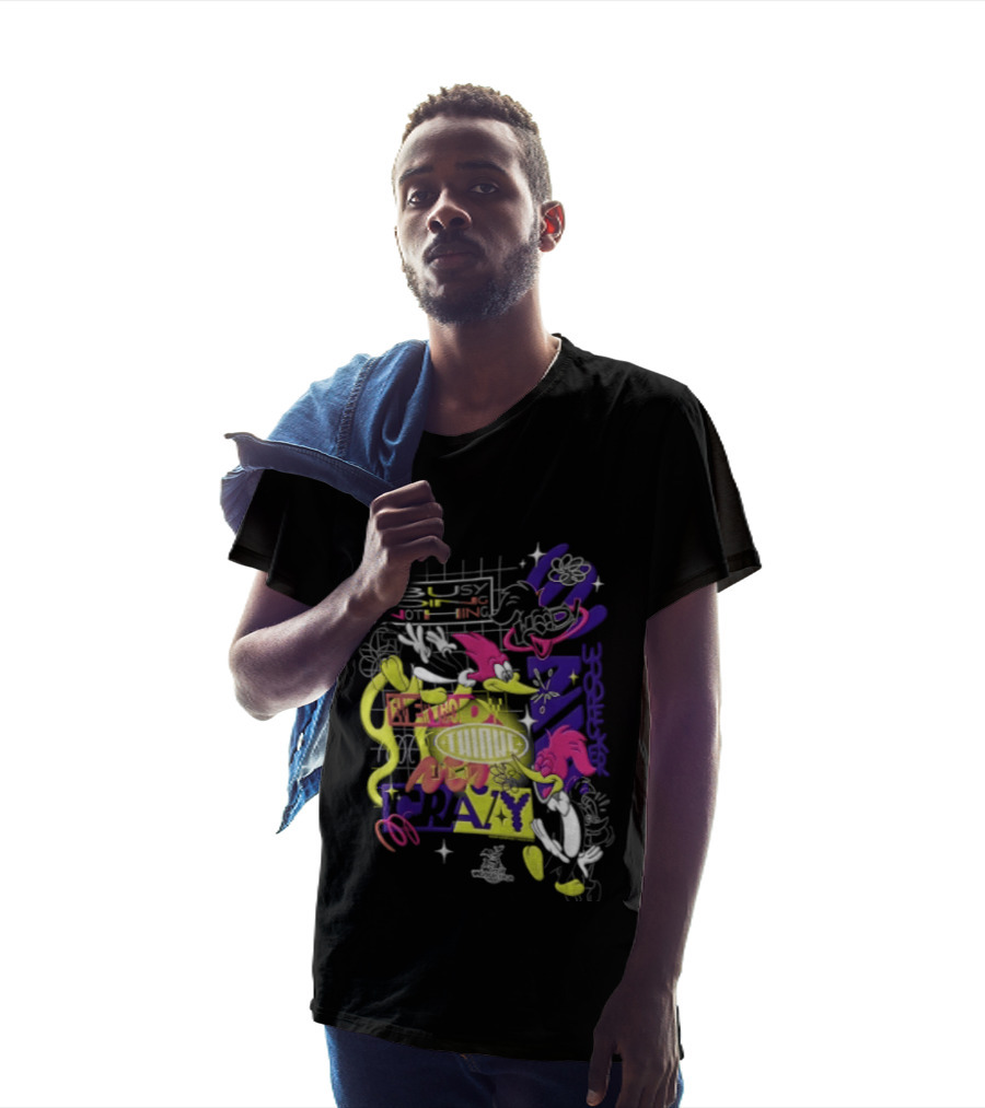 Busy Doing Nothing Everybody Thinks I'm Crazy Woody Woodpecker Walter Lantz Neon Grid Poses T-Shirt