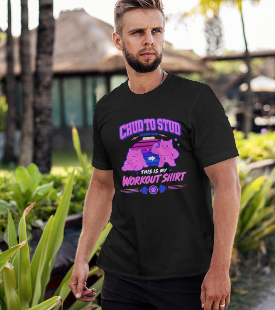 Chud To Stud Fitness Club Workout Transformation With Cute Cats And Paw Print Weights T-Shirt