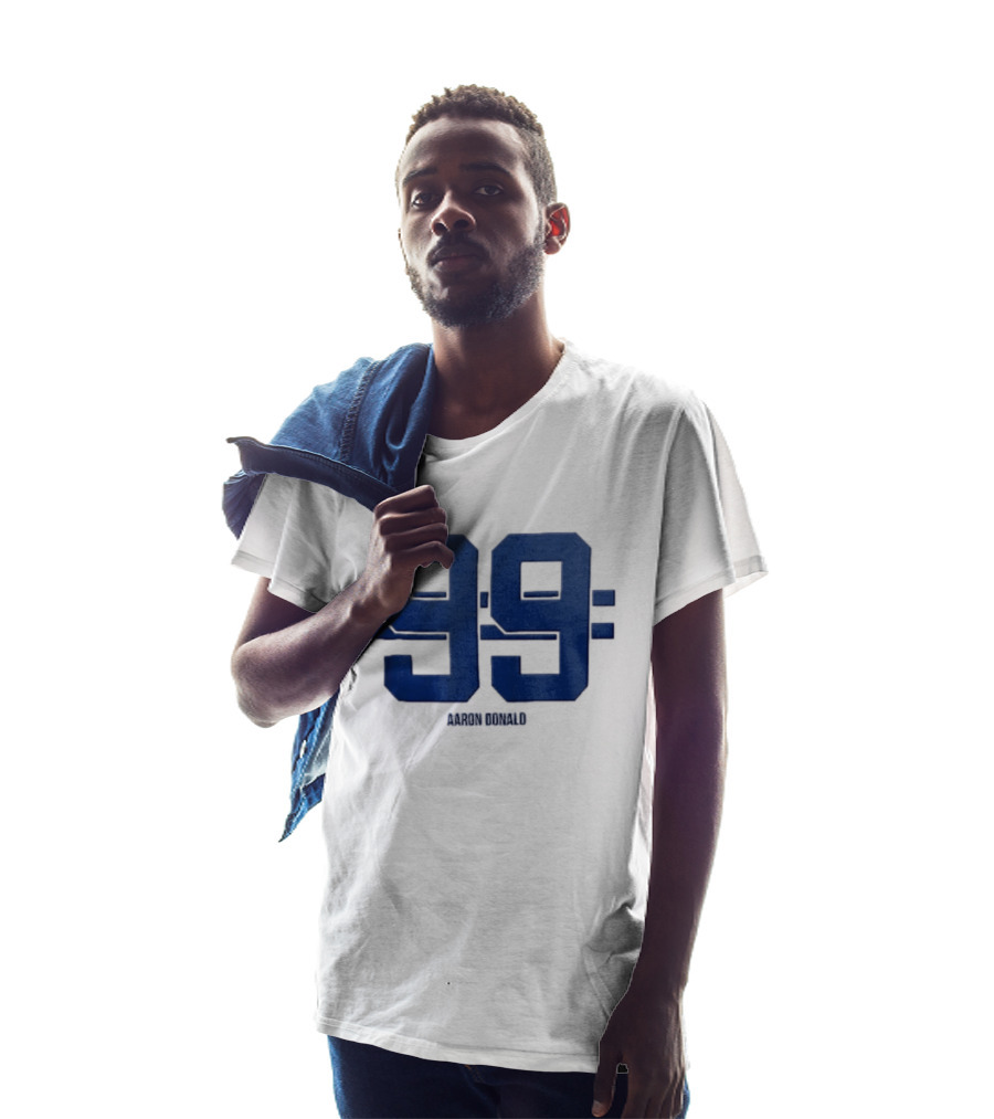 Aaron Donald 99 Blue Jersey Number Block Lettering Horizontal Stripes T-Shirt
