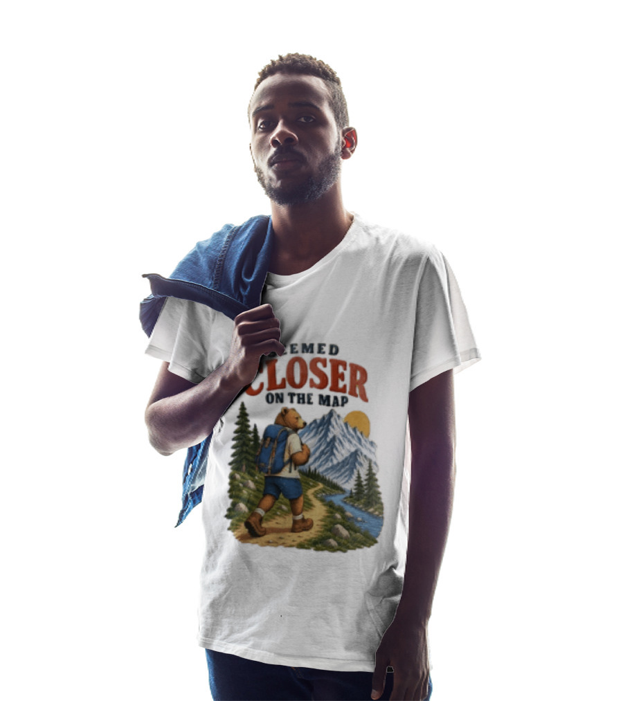 Seemed Closer On The Map Cartoon Bear Hiking Mountain Trail Scenery T-Shirt