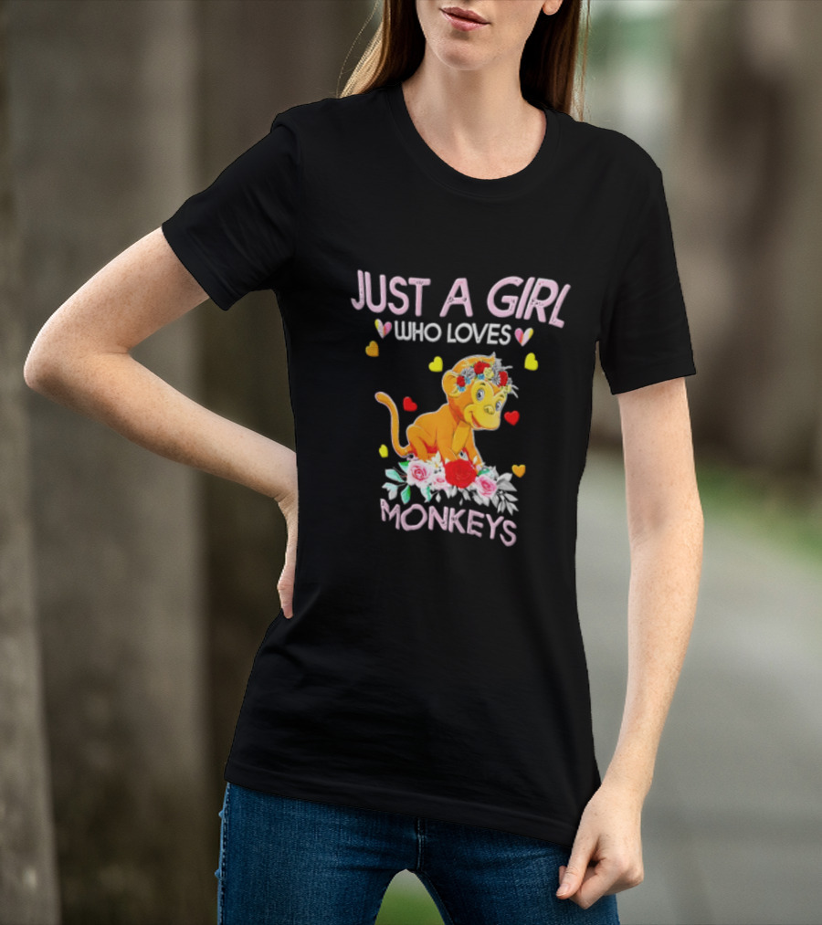 Just A Girl Who Loves Monkeys With Hearts And Flowers T-Shirt