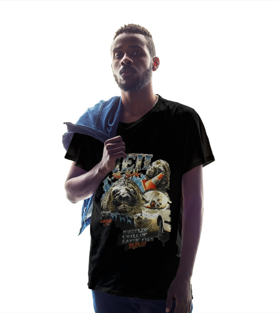 Neil The Seal Hustler Chillin Eating Fish Harbor Animal Warning Cone Repeat T-Shirt