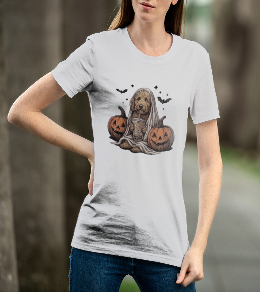 Goldendoodle Ghost With Boba Halloween Jack O'Lanterns And Bats T-Shirt