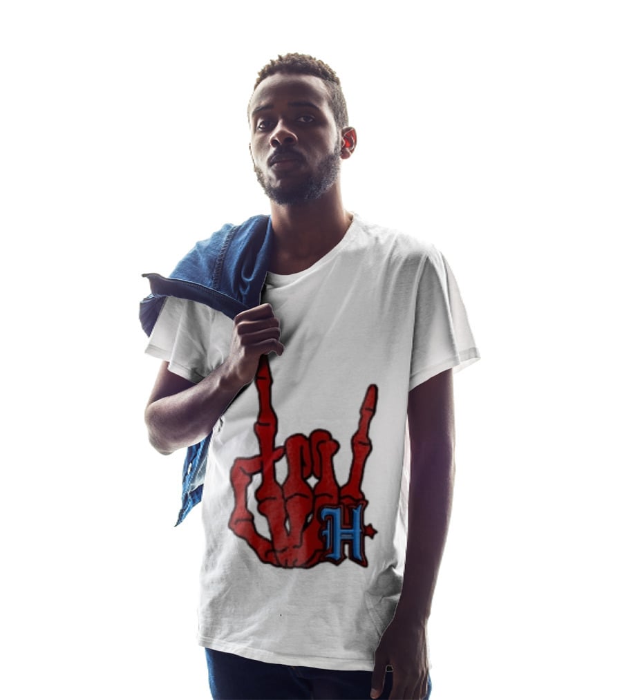 Red Skeleton Hand Sign With Blue H T-Shirt