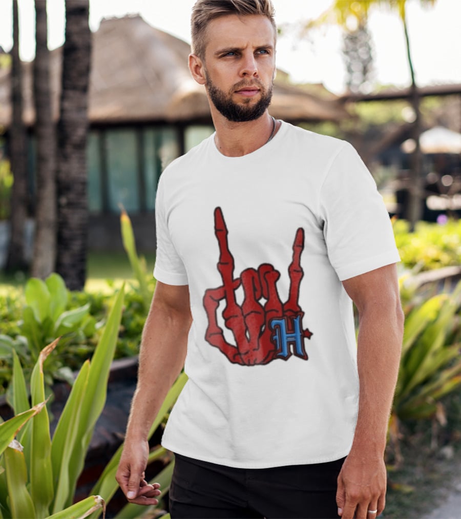 Red Skeleton Hand Sign With Blue H T-Shirt