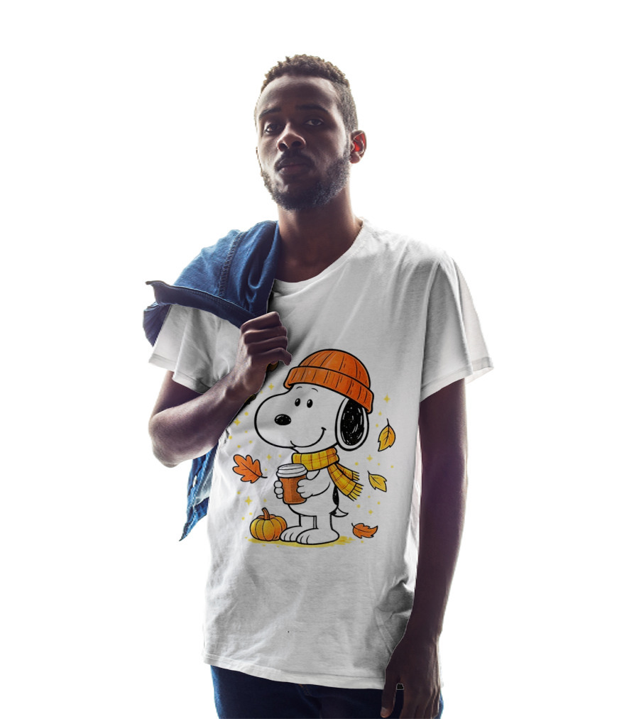 Snoopy Fall Autumn Coffee Pumpkin Leaves Warm Scarf Beanie Hat T-Shirt
