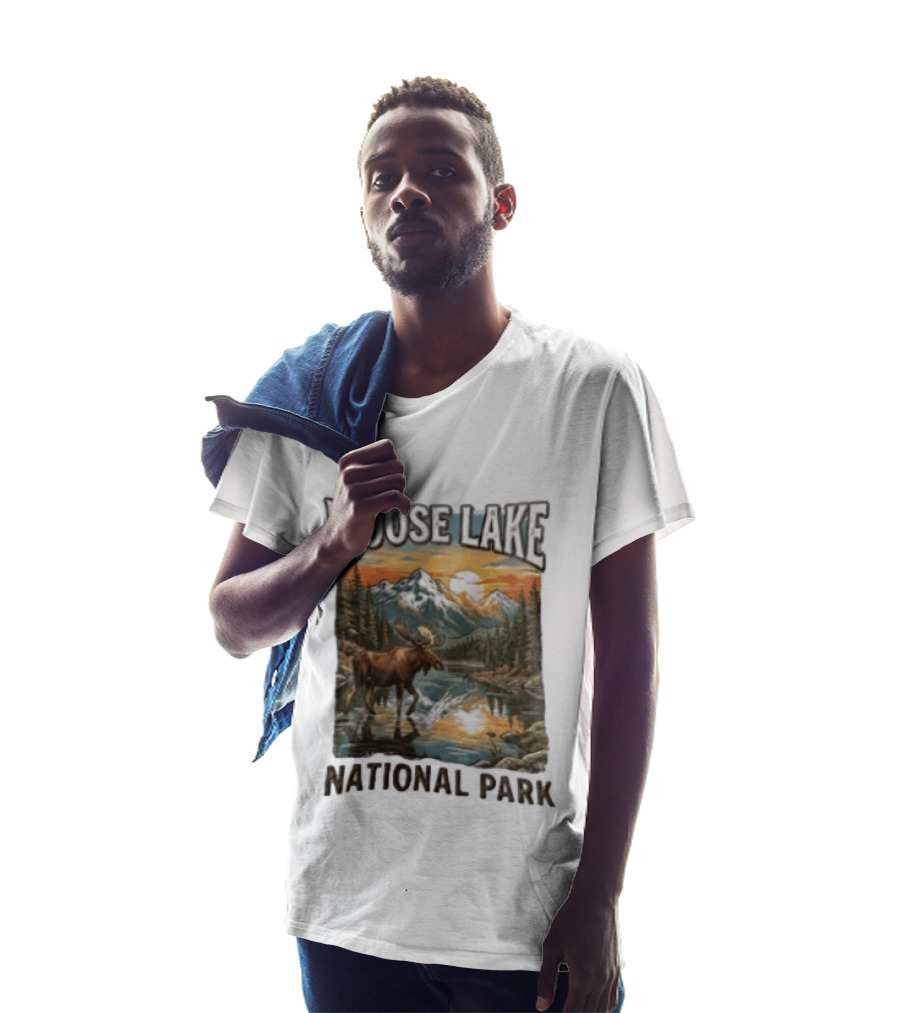 Moose Lake National Park Moose In Water Scenic Mountain Landscape T-Shirt
