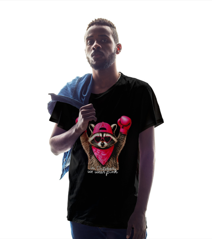 In October We Wear Pink Raccoon Breast Cancer Support Squad Boxing Gloves And Heart Glasses T-Shirt