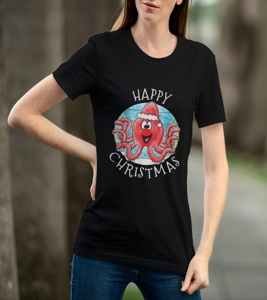 Happy Christmas Red Octopus Santa Hat Ocean Scene T-Shirt