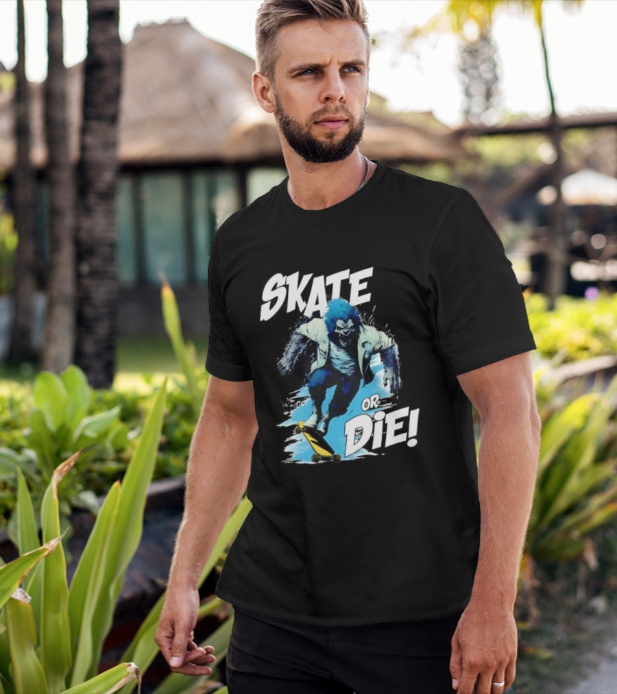 Skate Or Die Wolfy Classic Blue Werewolf Skateboarding T-Shirt