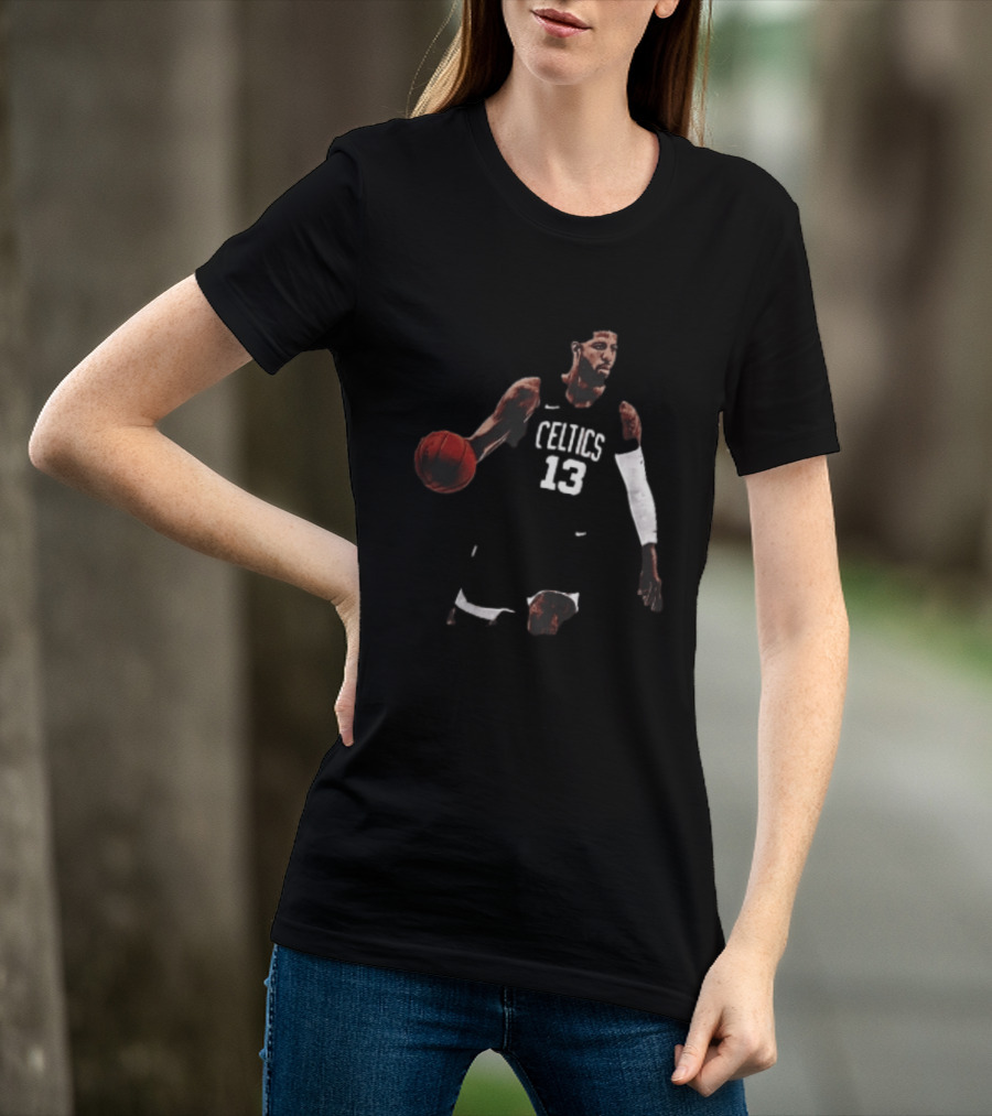 Boston Celtics 13 Bearded Basketball Player Dribbling Dark T-Shirt