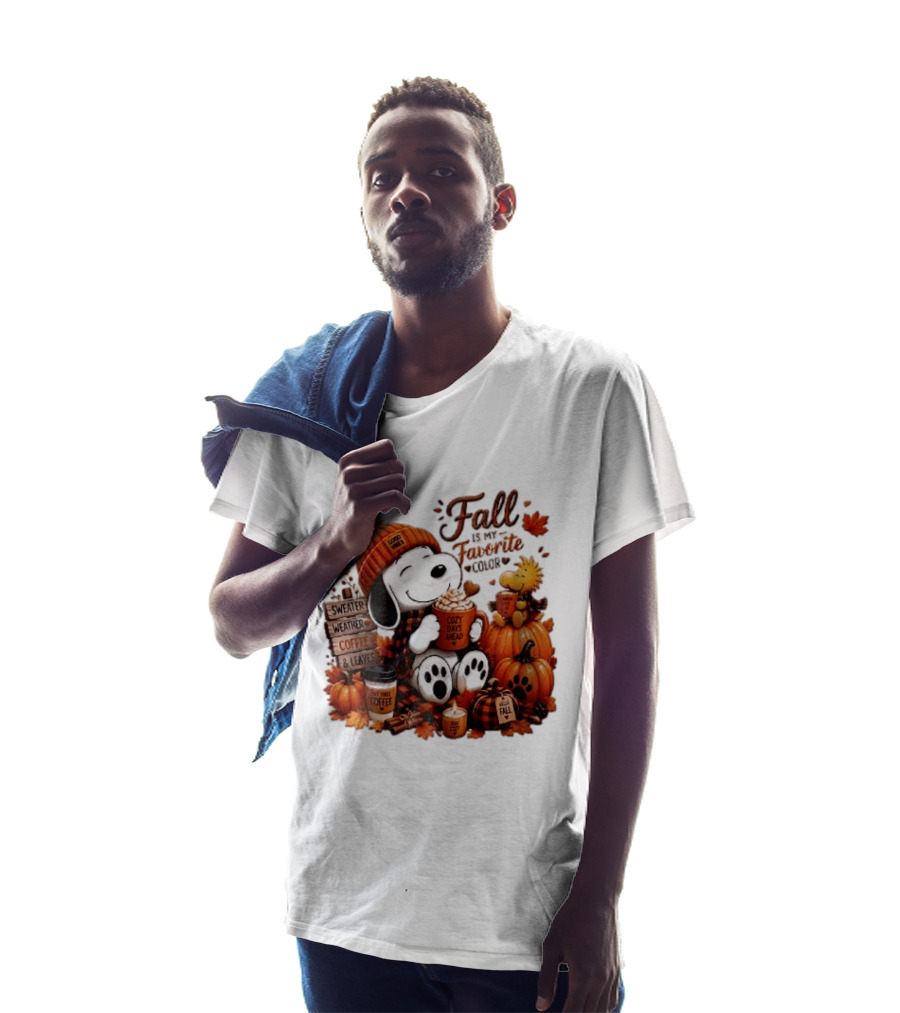 Fall Is My Favorite Color Sweater Weather Coffee Leaves Cozy Days Cartoon Dog Bird Pumpkins T-Shirt