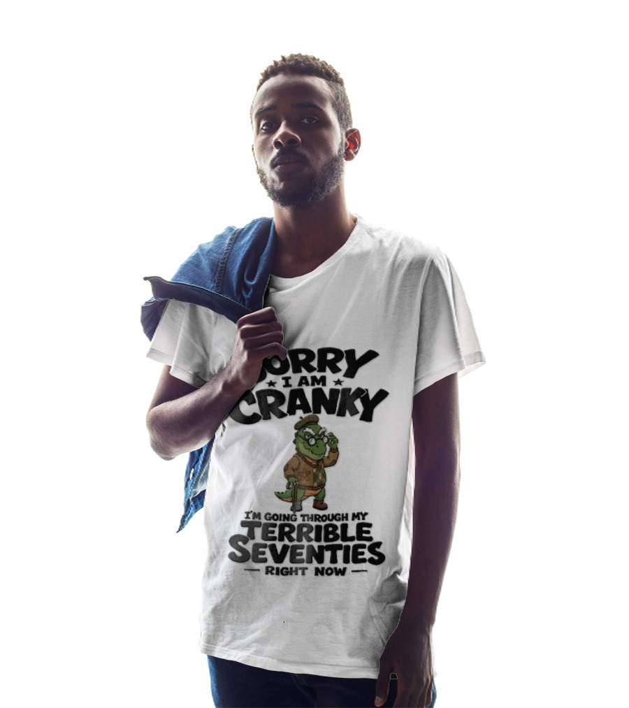 Sorry I Am Cranky Terrible Seventies Cartoon Elderly Alligator Cane Beret T-Shirt