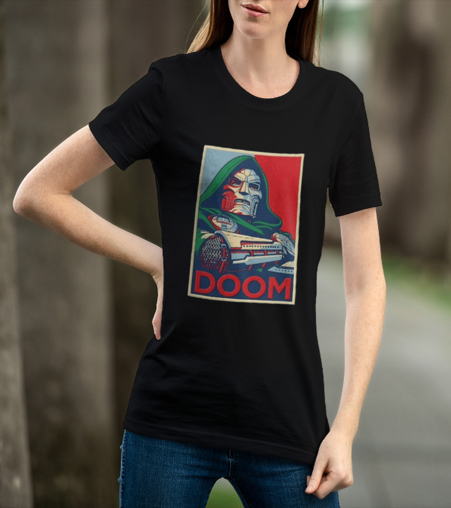 Doom Supervillain Mask Hooded Armored Gauntlets Red Blue T-Shirt