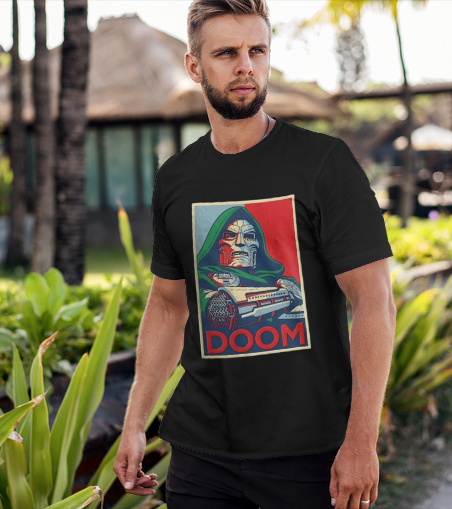 Doom Supervillain Mask Hooded Armored Gauntlets Red Blue T-Shirt