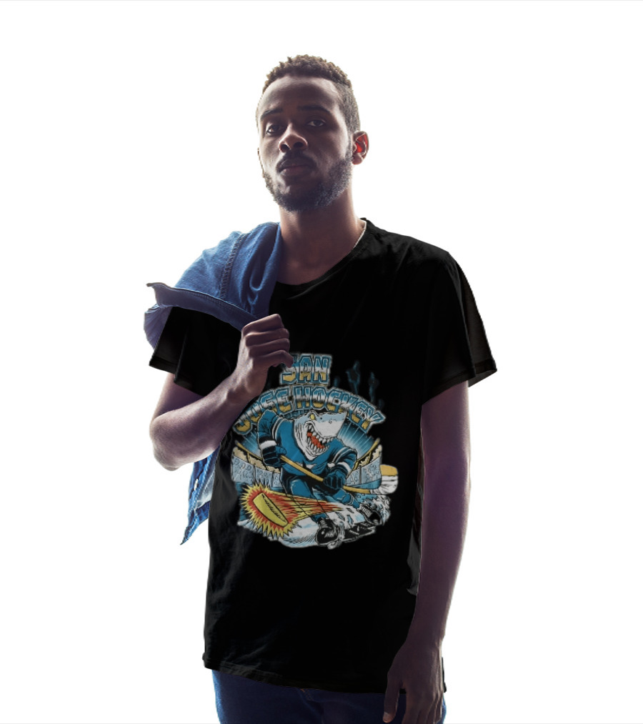 San Jose Hockey Cartoon Skating Shark Flaming Puck Ice Rink T-Shirt