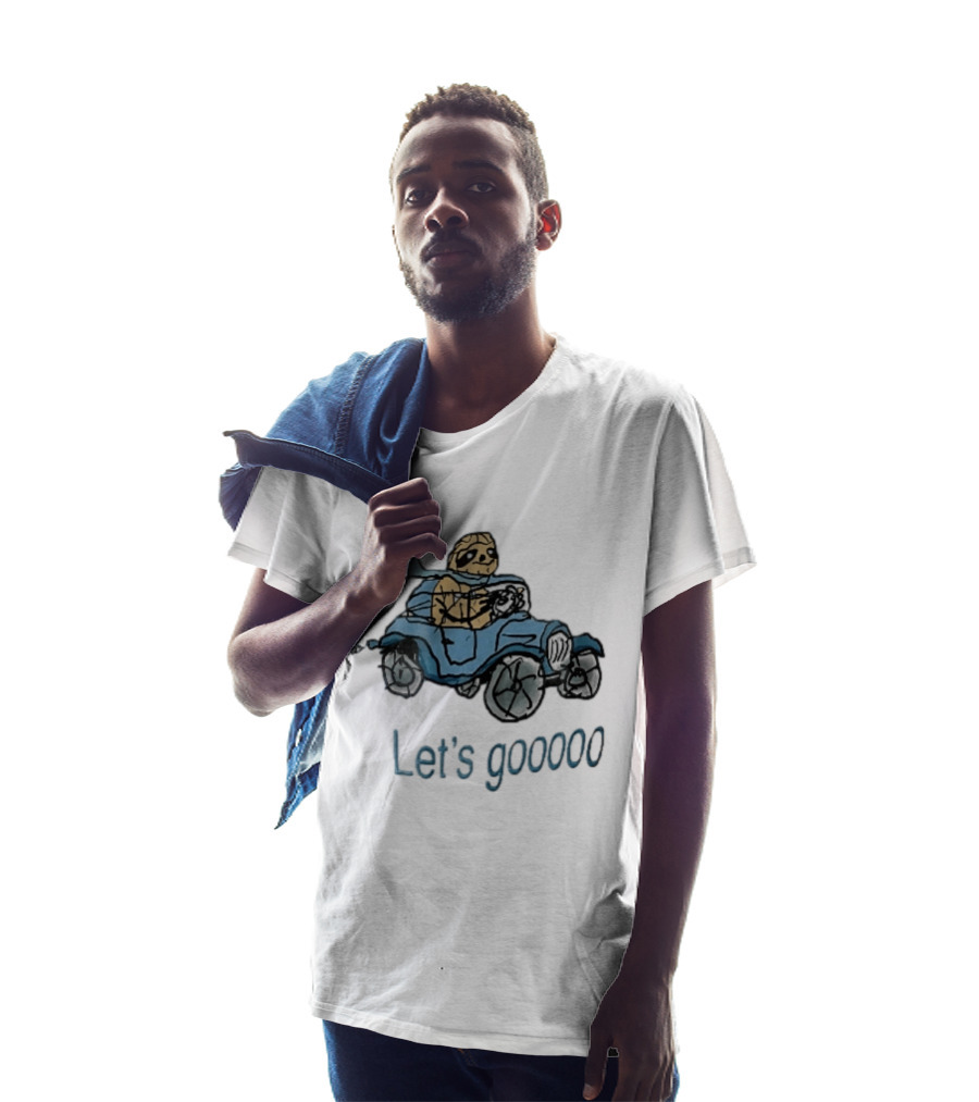 Let's Gooooo Cartoon Sloth Scarf Driving Blue Car Sketch T-Shirt