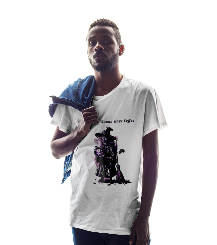 Ghouls Just Wanna Have Coffee Witch Holding Steaming Broomstick T-Shirt