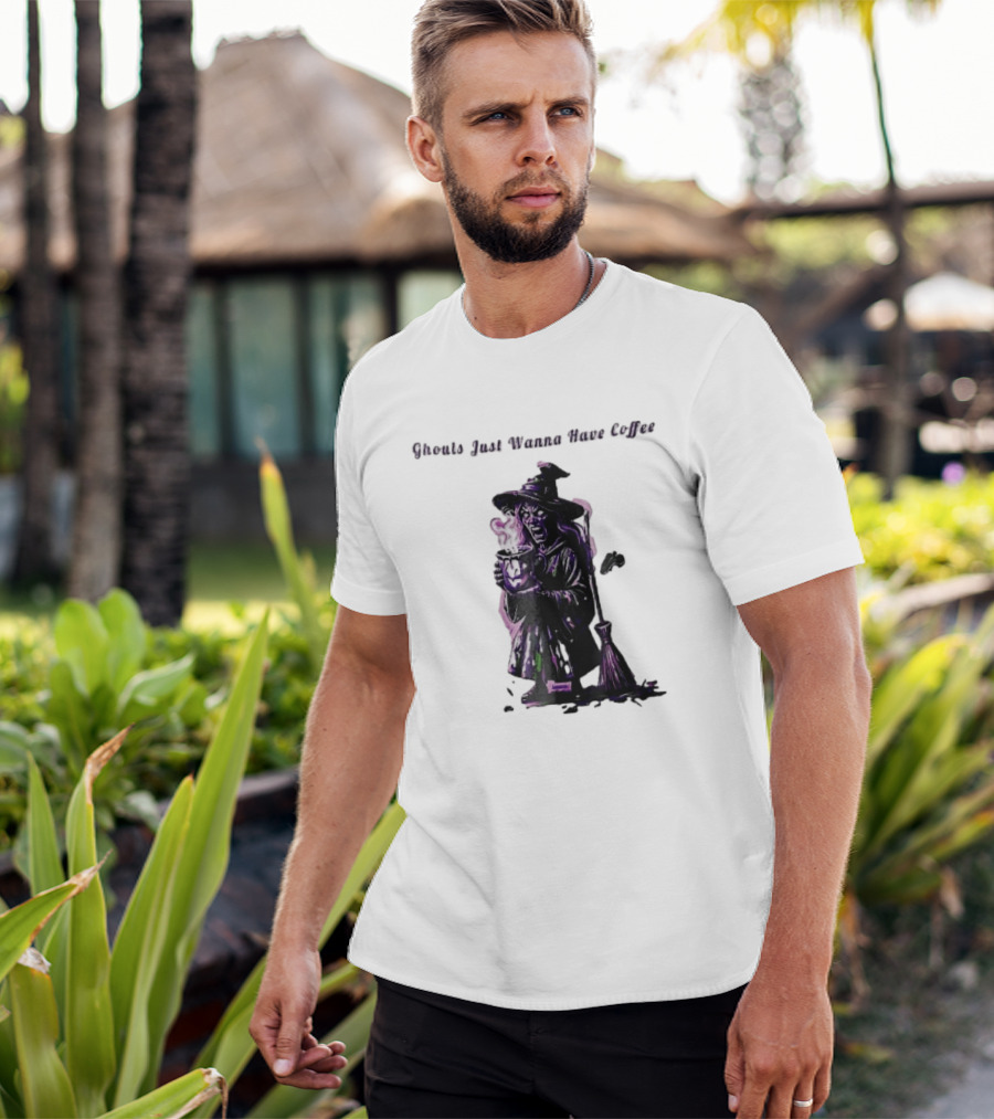 Ghouls Just Wanna Have Coffee Witch Holding Steaming Broomstick T-Shirt