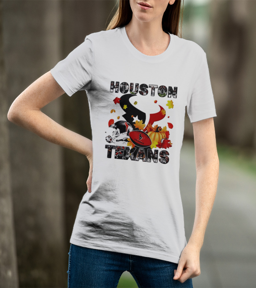 Houston Texans Football Autumn Fall Pumpkin Helmet Leaves 2026 Halloween T-Shirt