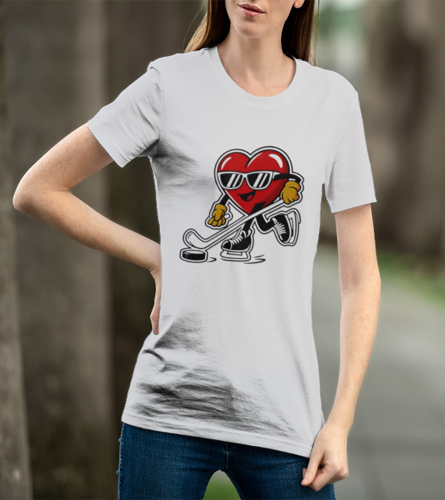 I Love Hockey Heart Character With Sunglasses And Stick T-Shirt