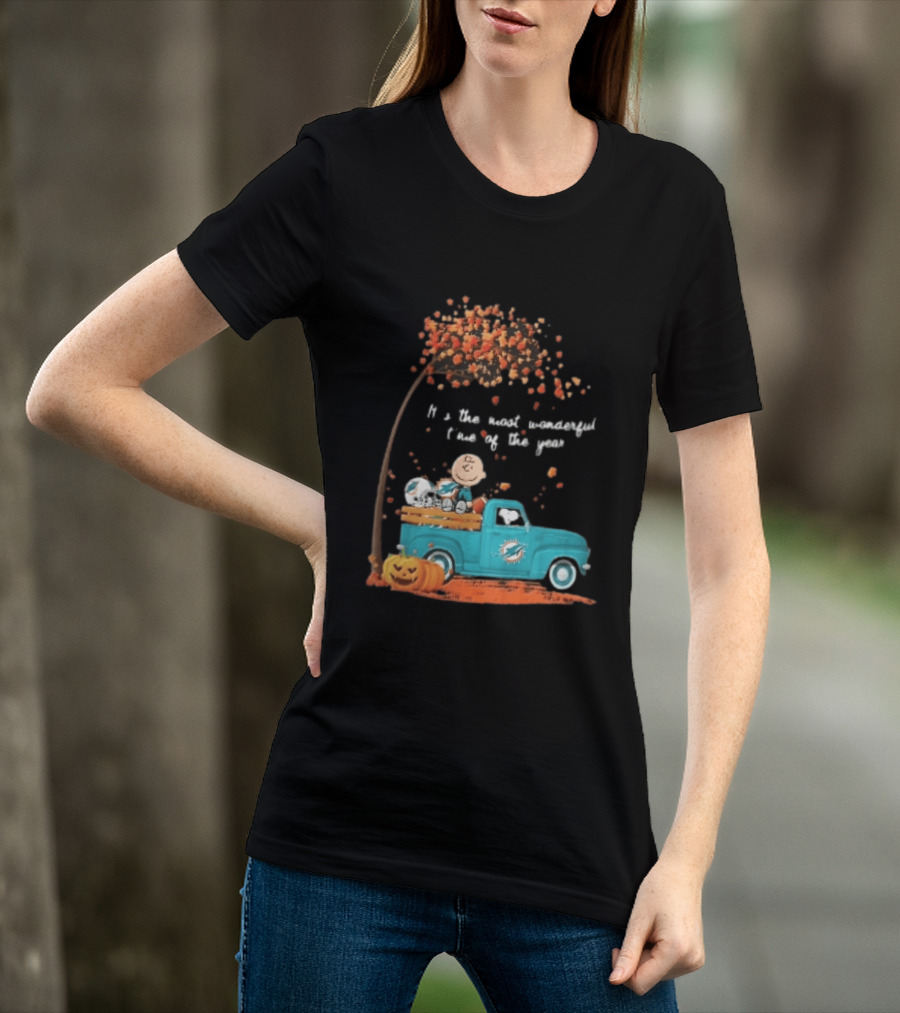 Miami Dolphins Charlie Brown Snoopy Pickup Truck Pumpkins Most Wonderful Time Of Year T-Shirt