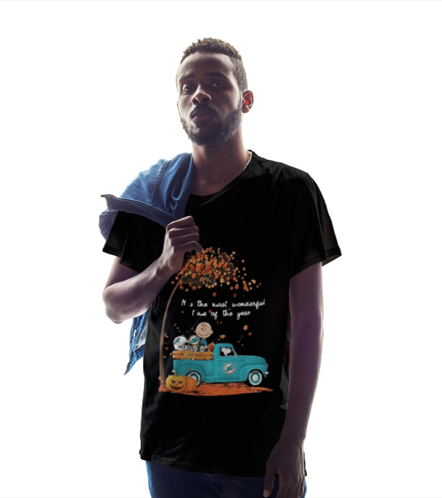 Miami Dolphins Charlie Brown Snoopy Pickup Truck Pumpkins Most Wonderful Time Of Year T-Shirt