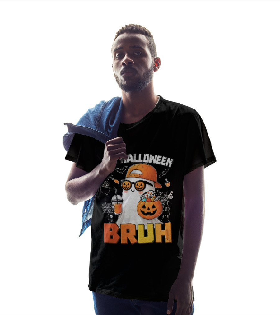 It's Halloween Bruh Ghost Cap Sunglasses Pumpkin Bucket Fun T-Shirt