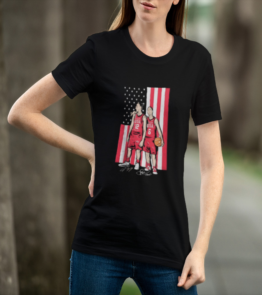 Sue Bird Diana Taurasi USA Basketball American Flag Signatures T-Shirt