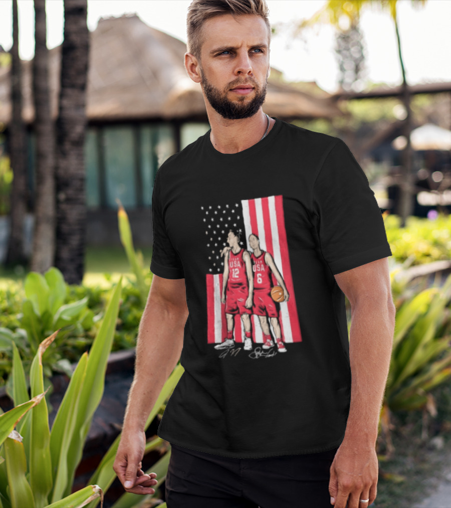 Sue Bird Diana Taurasi USA Basketball American Flag Signatures T-Shirt