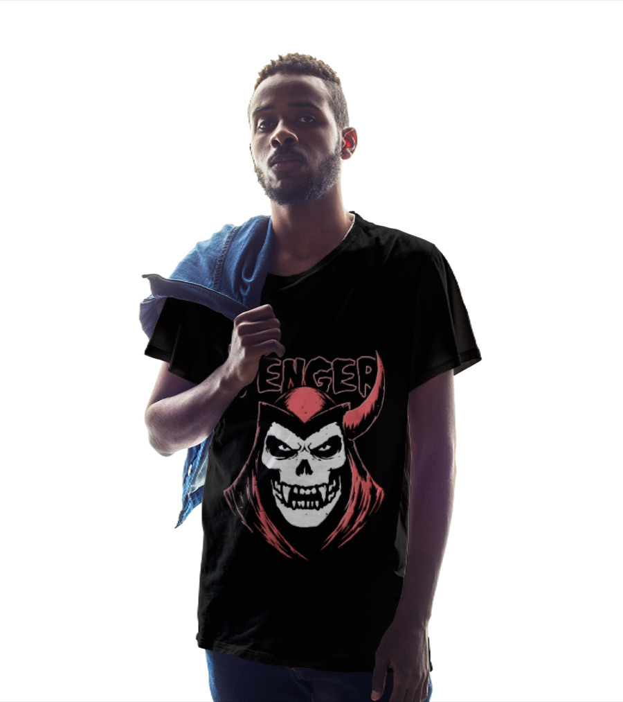 Venger Distressed Red Hooded Skull Face One Horned Demon T-Shirt