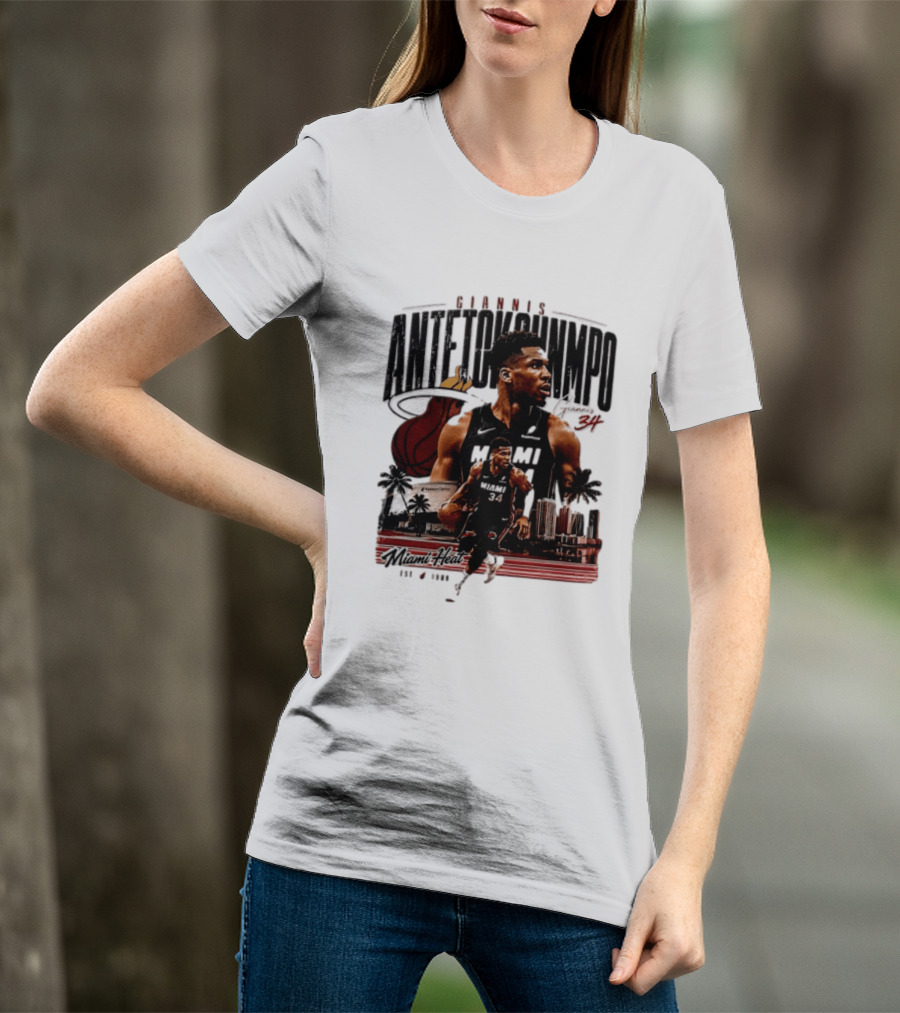Giannis Antetokounmpo Miami Heat NBA Player Est 1988 Kaseya Center Palms And Cityscape T-Shirt