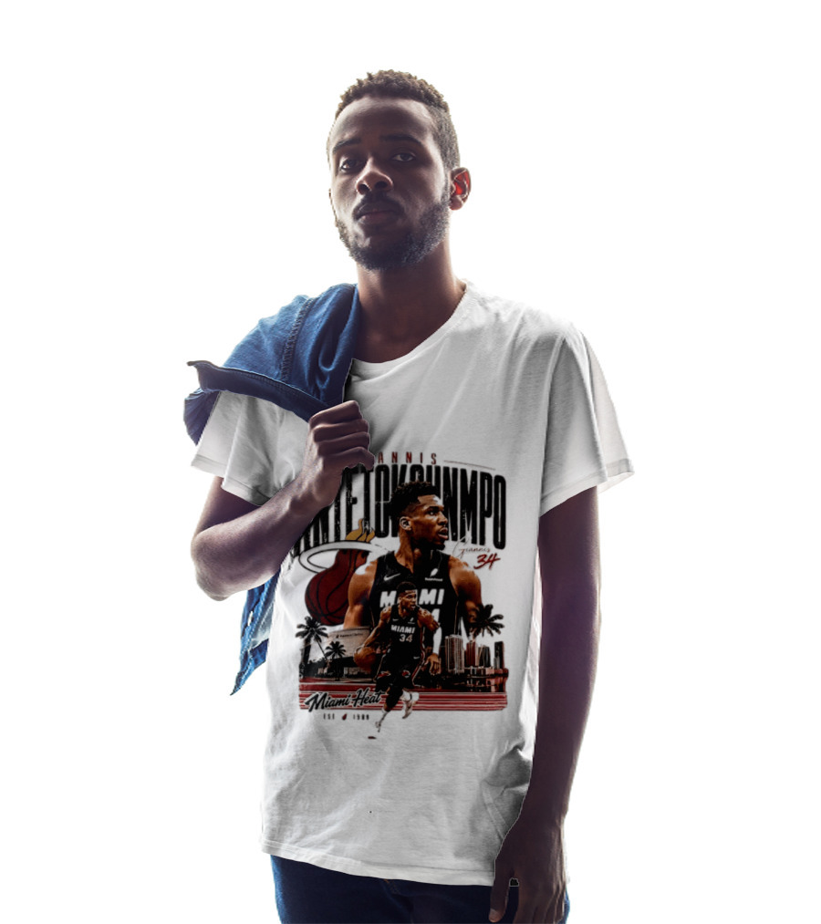 Giannis Antetokounmpo Miami Heat NBA Player Est 1988 Kaseya Center Palms And Cityscape T-Shirt