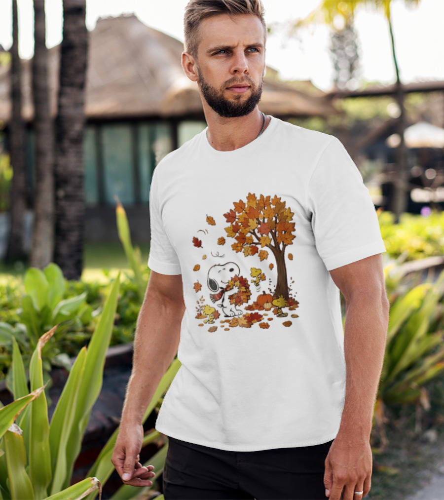 Snoopy Woodstock Autumn Leaves Pumpkin Fall Season Vibes T-Shirt
