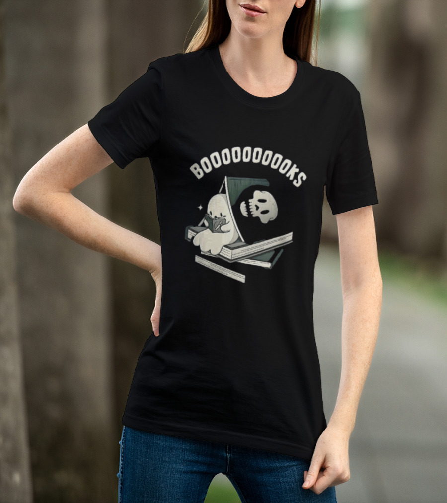 Boooooooooks Cartoon Ghost Reading Novel With Skeleton Specter T-Shirt