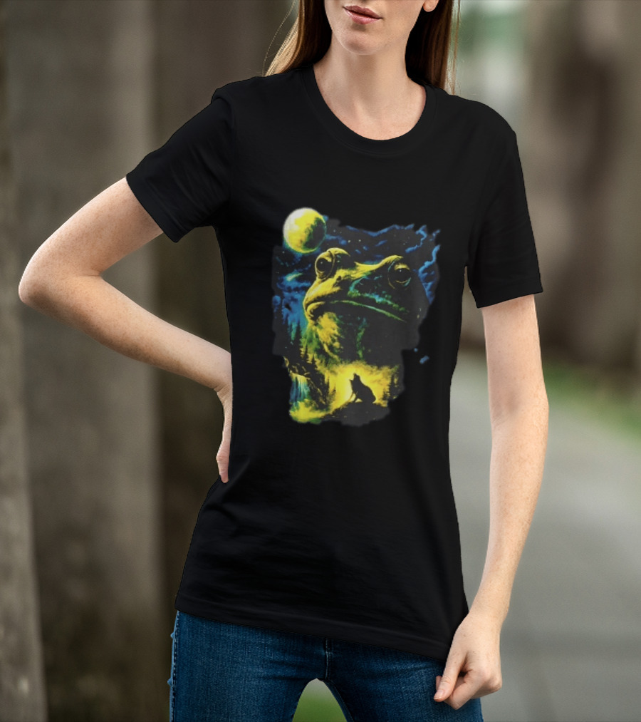Giant Toad Glowing Moon Howling Waterfall Forest Mystic Scene T-Shirt