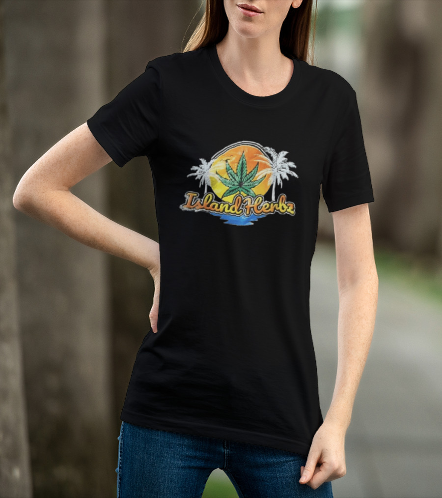 Island Herbz Cannabis Leaf Orange Sunset White Palm Trees T-Shirt
