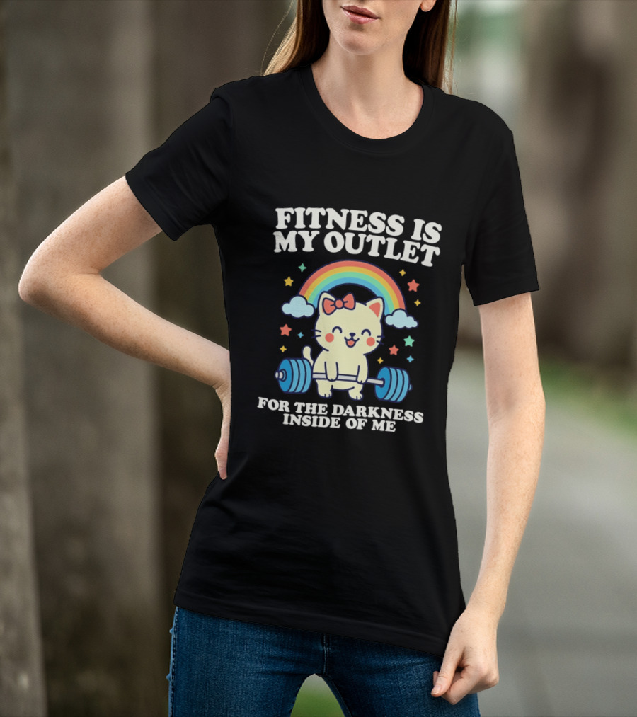 Fitness Is My Outlet For The Darkness Inside Of Me Cute Cat Weightlifting Rainbow T-Shirt
